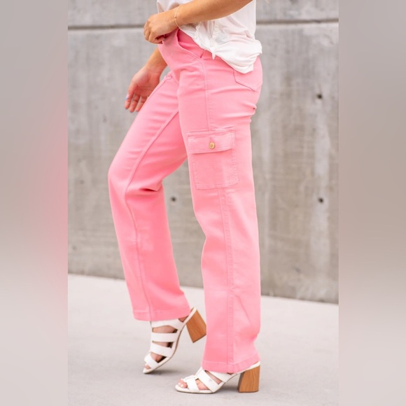 Judy Blue Pretty In Pink High Rise Cargo Straight Jeans - Picture 2 of 14